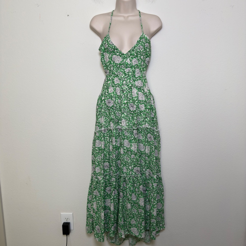 Audrey Parks Women Maxi Babydoll Dress Large Green Floral Halter Backless Tiered